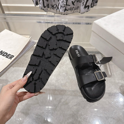 PRADA 26S SLIDES SANDALS IN BLACK CALFSKIN SILVER HARDWARE