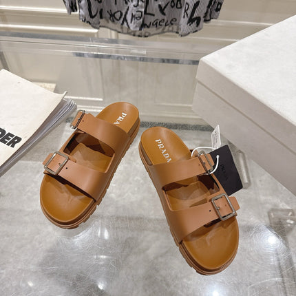 PRADA 26S SLIDES SANDALS IN CARAMEL BROWN CALFSKIN SILVER HARDWARE