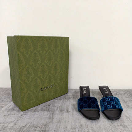GUCCI 26S MULE SANDALS 55MM IN ROYAL BLUE VELVET GG EMBOSSED