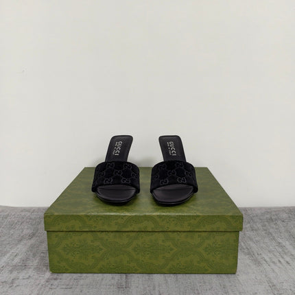 GUCCI 26S MULE SANDALS 85MM IN BLACK VELVET GG EMBOSSED