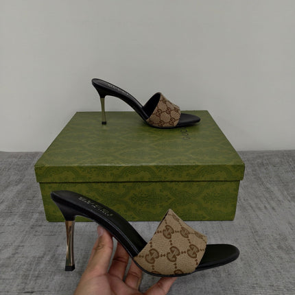 GUCCI 26S MULE SANDALS 85MM IN BEIGE BROWN GG CANVAS