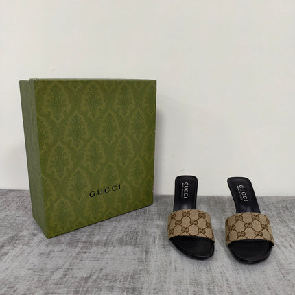 GUCCI 26S MULE SANDALS 85MM IN BEIGE BROWN GG CANVAS
