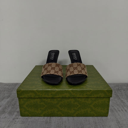 GUCCI 26S MULE SANDALS 85MM IN BEIGE BROWN GG CANVAS