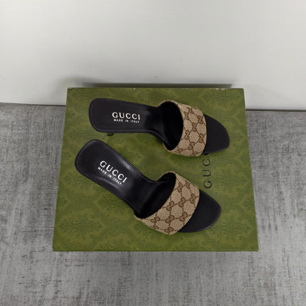 GUCCI 26S MULE SANDALS 85MM IN BEIGE BROWN GG CANVAS