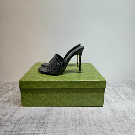 GUCCI 26S MULE SANDALS 110MM IN BLACK CALFSKIN GG EMBOSSED