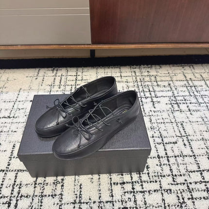 MIUMIU 26S LACE UP BOW LOAFERS IN BLACK CALFSKIN