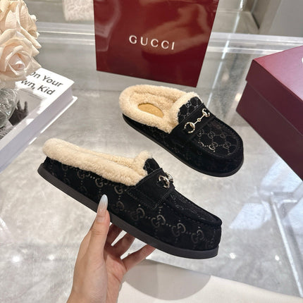 GUCCI 26S MULES IN BLACK SUEDE GG LOGO PATTERN