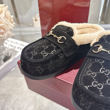 GUCCI 26S MULES IN BLACK SUEDE GG LOGO PATTERN