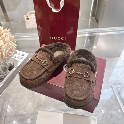 GUCCI 26S MULES IN DARK BROWN SUEDE GG LOGO PATTERN