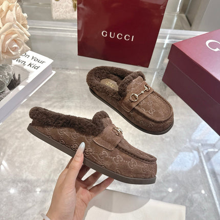 GUCCI 26S MULES IN DARK BROWN SUEDE GG LOGO PATTERN