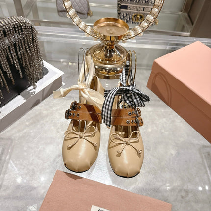 MIUMIU 26S SLINGBACK BALLET FLATS IN BEIGE CALFSKIN AND BROWN STRAP RIBBON