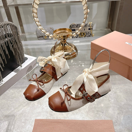 MIUMIU 26S SLINGBACK BALLET FLATS IN BROWN CALFSKIN AND BEIGE CANVAS RIBBON