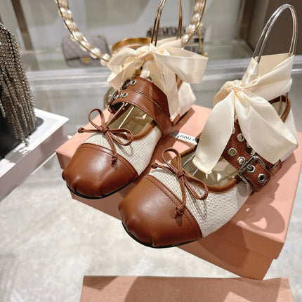 MIUMIU 26S SLINGBACK BALLET FLATS IN BROWN CALFSKIN AND BEIGE CANVAS RIBBON