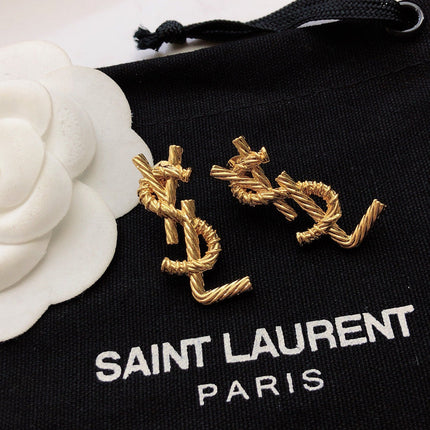 YSL 26S TWISTED ROPE LOGO STUD EARRINGS IN GOLD TONE METAL 629135