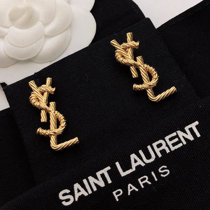 YSL 26S TWISTED ROPE LOGO STUD EARRINGS IN GOLD TONE METAL 629135